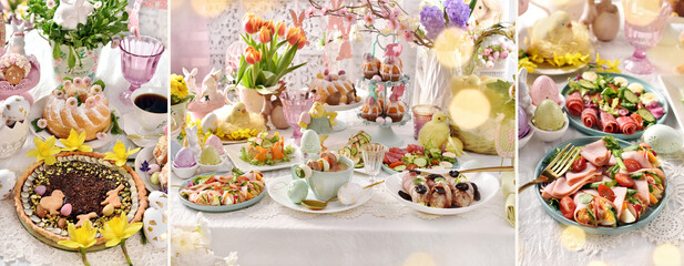 Easter banner with traditional Polish dishes and pastries on festive table - obrazy, fototapety, plakaty