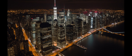 wide-angle view of new york city Taken on a helicopter at night.