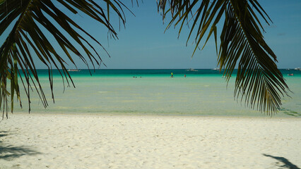 Tropical sandy beach and blue sea through palm branches. Summer and travel vacation concept....