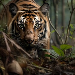 Crouching tiger on the hunt in jungle