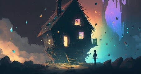 night scenery of the boy and a house in a strange place, digital art style, illustration painting, Generative AI