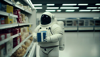 Obraz premium Astronaut in the supermarket. Generative AI