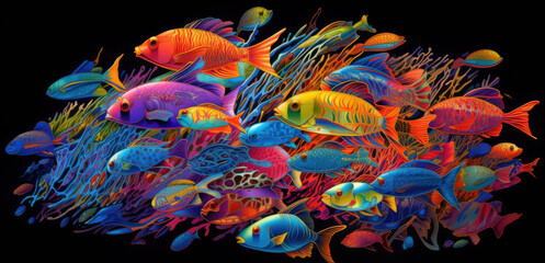 Fototapeta na wymiar School of colorful iridescent stylized fish by generative AI