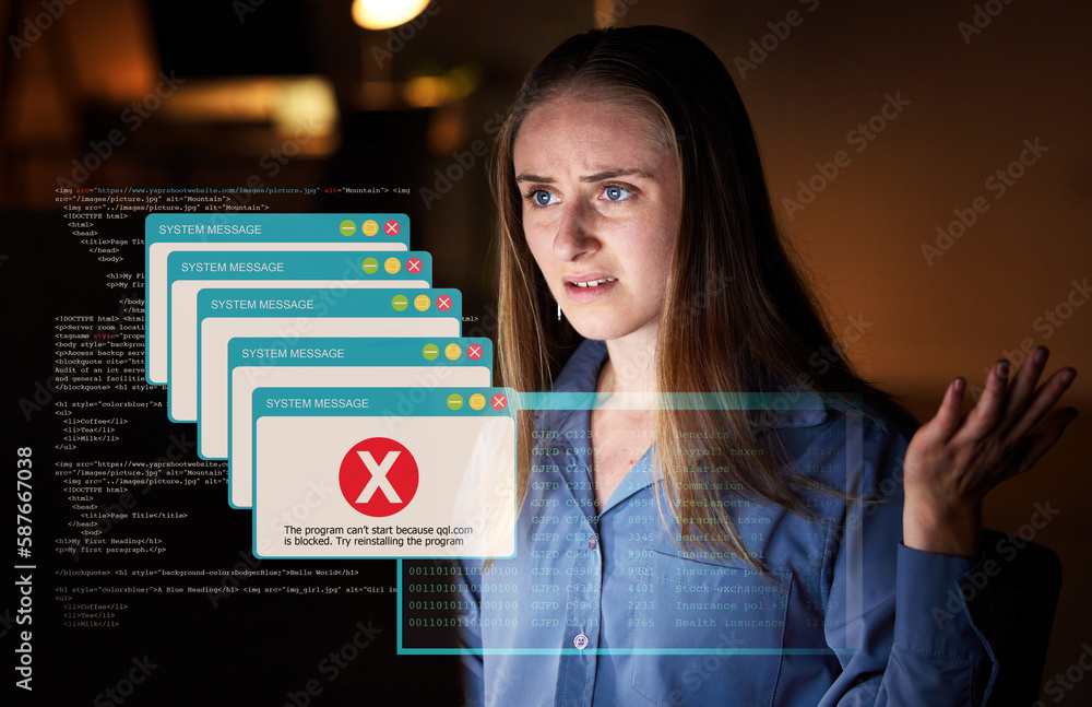 Aufkleber System, software and woman with error, message and glitch in workplace with cyber security at night. Female coder, lady and programmer with holographic, database virus and online issue with anxiety