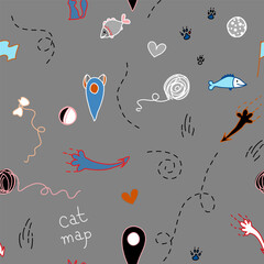Seamless vector pattern. Cat map with special labels: paw prints, guides, fish. Cheerful image on a gray background.