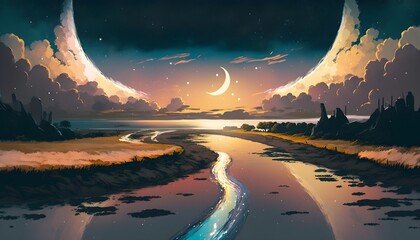 beautiful scenery of water road in colorful rustic place against black clouds and crescent moon in the sky, digital art style, illustration painting, Generative AI
