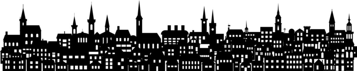 Obraz premium Town silhouette, city skyline, roofs of buildings, factories, churches and houses in night cityscape aerial vector illustration.