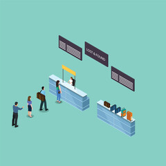 People queue Lost and found service at airport isometric 3d vector illustration concept banner, website, landing page, ads, flyer template