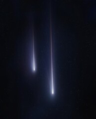 Two falling meteors. Glowing meteorites against the background of stars in the sky.