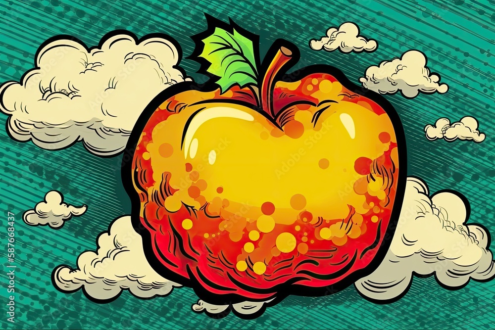 Poster illustration of an apple floating in the clouds against a green backdrop. generative ai