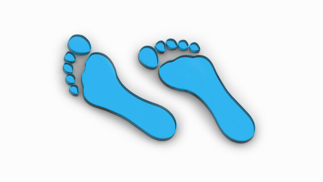 two blue glass bare footprints. bare footprint close up. 3D image. 3D rendering. Horizontal image.