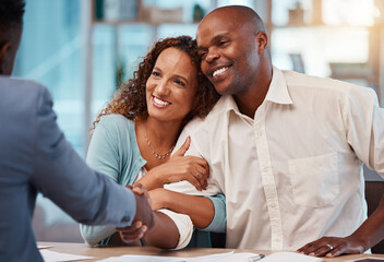 Couple, real estate deal and handshake of realtor and happy black man with love and care. Home,...