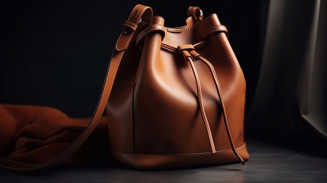 Fashionable women's youth bag in bright brown color on a dark background. Generative AI.