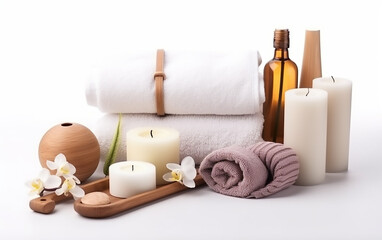Fototapeta na wymiar Spa and wellness setting with towels, candles, and massage oils