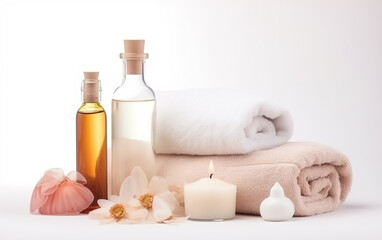 Fototapeta na wymiar Soothing spa concept with towels, candles, and essential oil bottles