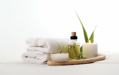 Fototapeta na wymiar Spa essentials with white towels, aromatic oil, and candles on a wooden tray