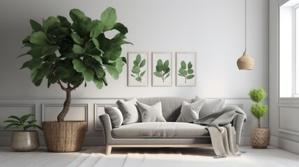 Gray modern living room, with plants and empty wall art