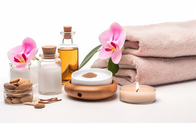 Obraz na płótnie Canvas Spa essentials with plush towels, aromatic oils, and orchids for a complete rejuvenating experience.