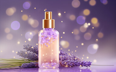 Obraz na płótnie Canvas Glowing bottle of lavender-scented spray on a tranquil purple background with sparkling lights.