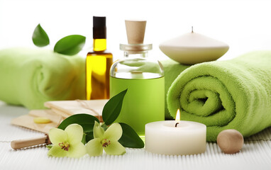 Obraz na płótnie Canvas Spa essentials with green towels, aromatic oils, and candles for a refreshing wellness session