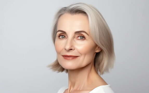 Portrait of an aged woman with a well-groomed face.  Confident and stylish senior woman with grey hair posing with a soft smile on a light background