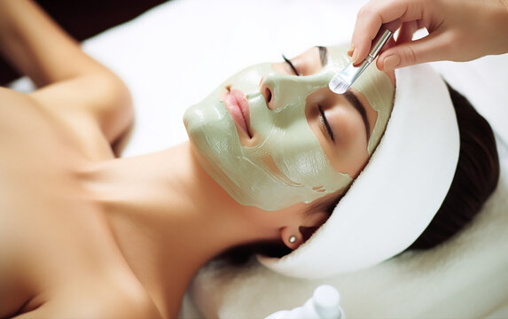A serene spa facial with a refreshing green mask being applied for skin rejuvenation and relaxation