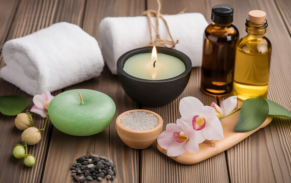 Spa wellness composition with towels, orchids, and essential oils for a holistic relaxation experience