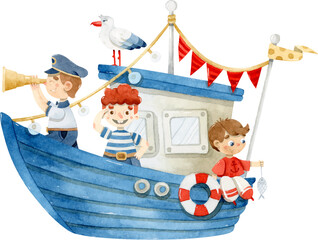 Blue boat with sailor boys and seagull on the roof watercolor illustration