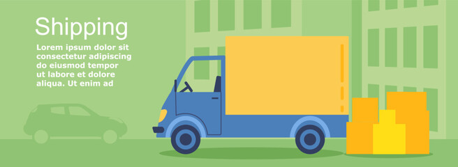 Logistic banner with truck. Transport with boxes in warehouse. Home delivery and online shopping, transportation. Poster or banner for website. Cartoon flat vector illustration