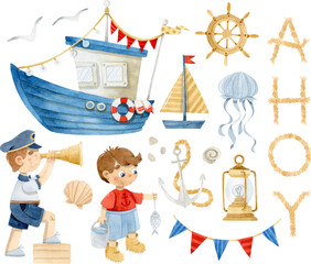Watercolor blue boat with garlands, sailor boys, ahoy lettering and nautical elements