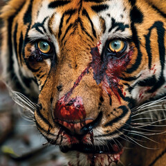 Close-up tiger after hunting with blood-covered face, wounded
