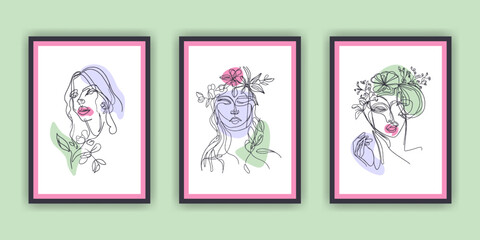 Fototapeta na wymiar Line art paintings of a woman with flowers on their face with a frame