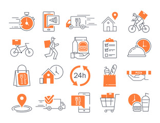Delivery line icons set. Logistics and transportation, online shopping. Truck, bike and courier with box, timer. Restaurant and cafe. Cartoon flat vector illustrations isolated on white background