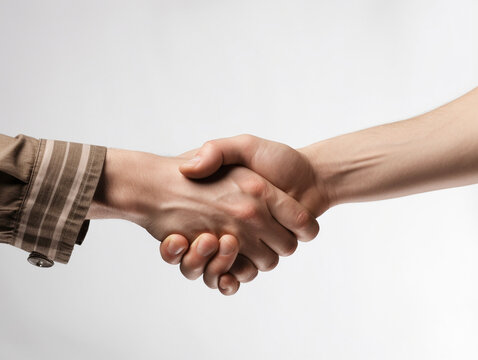 Close up shaking hands of two male people on isolated white background. Generative ai.