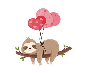 Cute sloths with air balloons. Adorable animal for Valentines Day. Graphic element for social networks and messengers. Dream, relax and rest. Cartoon flat vector illustration © Rudzhan