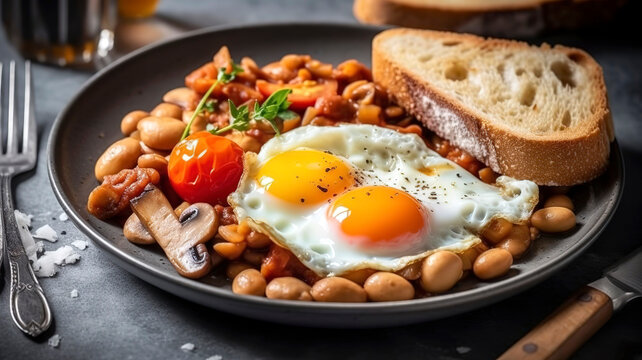 English breakfast, fried egg, beans, tomatoes, mushrooms, bacon and toast. Savory English Breakfast Spread