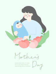 Mother's Day poster of mother holding baby with flowers.