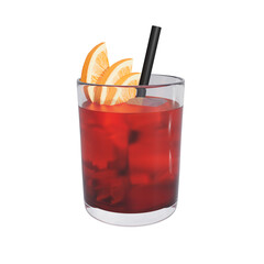 Negroni cocktail in glass with ice cubes and orange slice. 3d rendering
