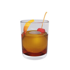 Old fashioned cocktail garnished with orange twist. 3d rendering