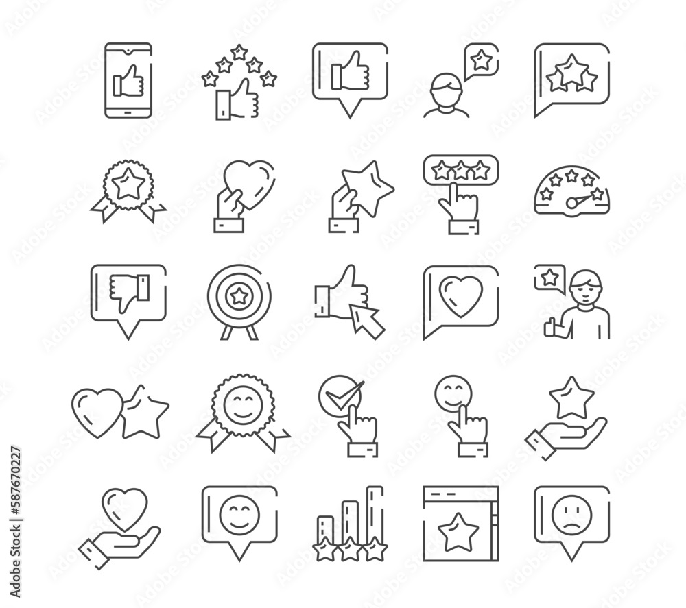 Poster customer satisfaction line icons set. collection of design elements for website. rating and ranking,