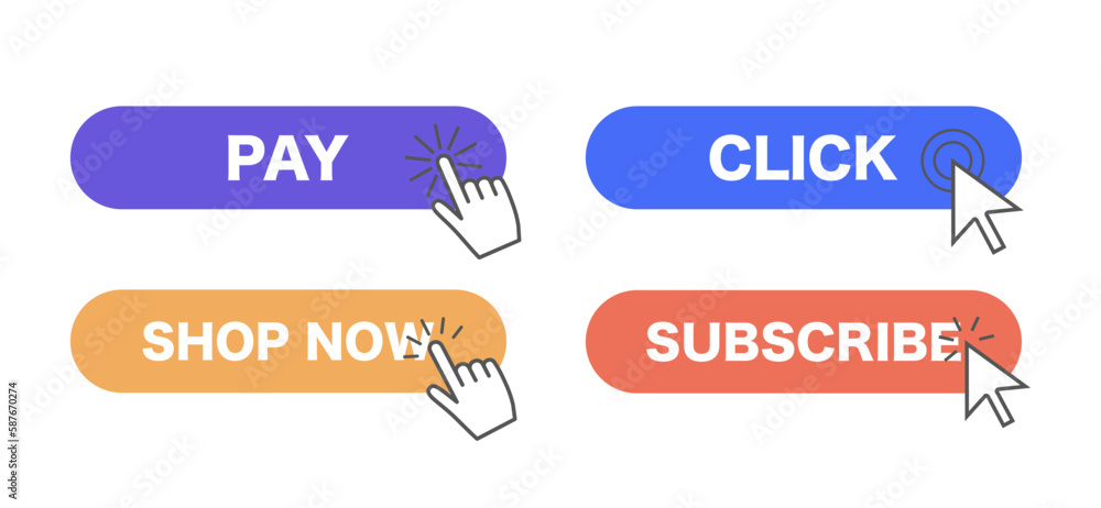Poster cursor buttons set. collection of graphic elements for website. pay, click, shop now and subscribe. 