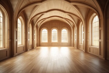 Illustration of an empty room with arched windows and wooden floors. Generative AI