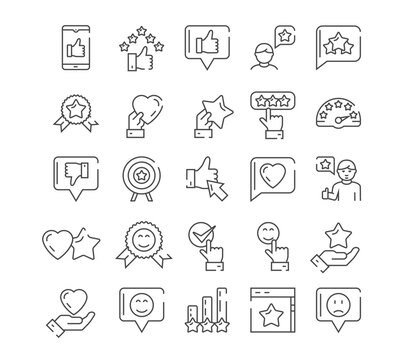 Customer satisfaction line icons set. Collection of design elements for website. Rating and ranking, quality mark. Review and feedback. Cartoon flat vector illustrations isolated on white background