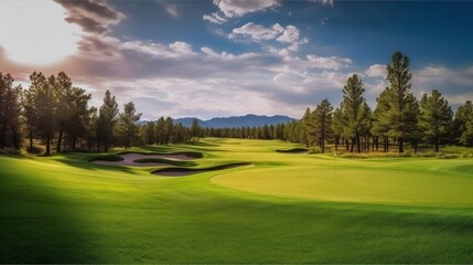 Obraz premium Scenic View of a Golf Course with Greenery and Wooded Areas. Generative AI.