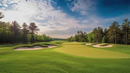 Scenic View of a Golf Course with Greenery and Wooded Areas. Generative AI.