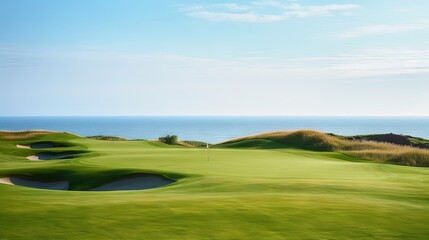 Fototapeta na wymiar Seaside Golf Course with Rolling Hills and Blue Sky. Generative AI.