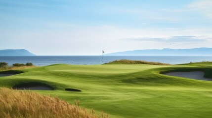 Fototapeta premium Seaside Golf Course with Rolling Hills and Blue Sky. Generative AI.