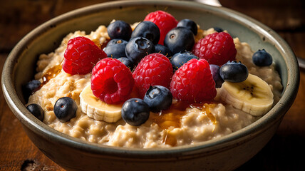 Oatmeal with sliced bananas and berries on top. Oatmeal Delight with Bananas and Mixed Berries