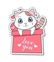 White charming kitten in box with inscription love you. Caty cat sticker for valentine. Gift and present, surprise, romance and tenderness. Cartoon flat vector illustration