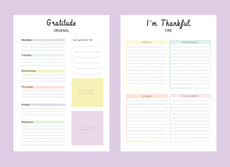 Gratitude Journal and thankful planner. Minimalist planner template set. Vector illustration.
